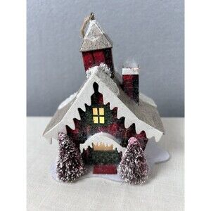 Christmas Putz Style Snowy Red & Black Plaid light-up cardboard house
